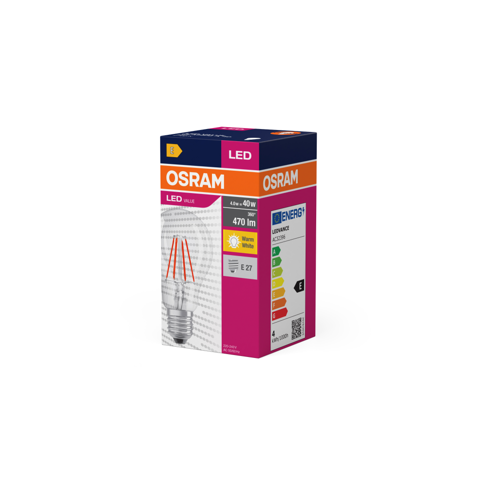 Osram LED Value Classic A 40 FIL 4W/827 E27 filament non-dim spuldze (caurspīdīga)