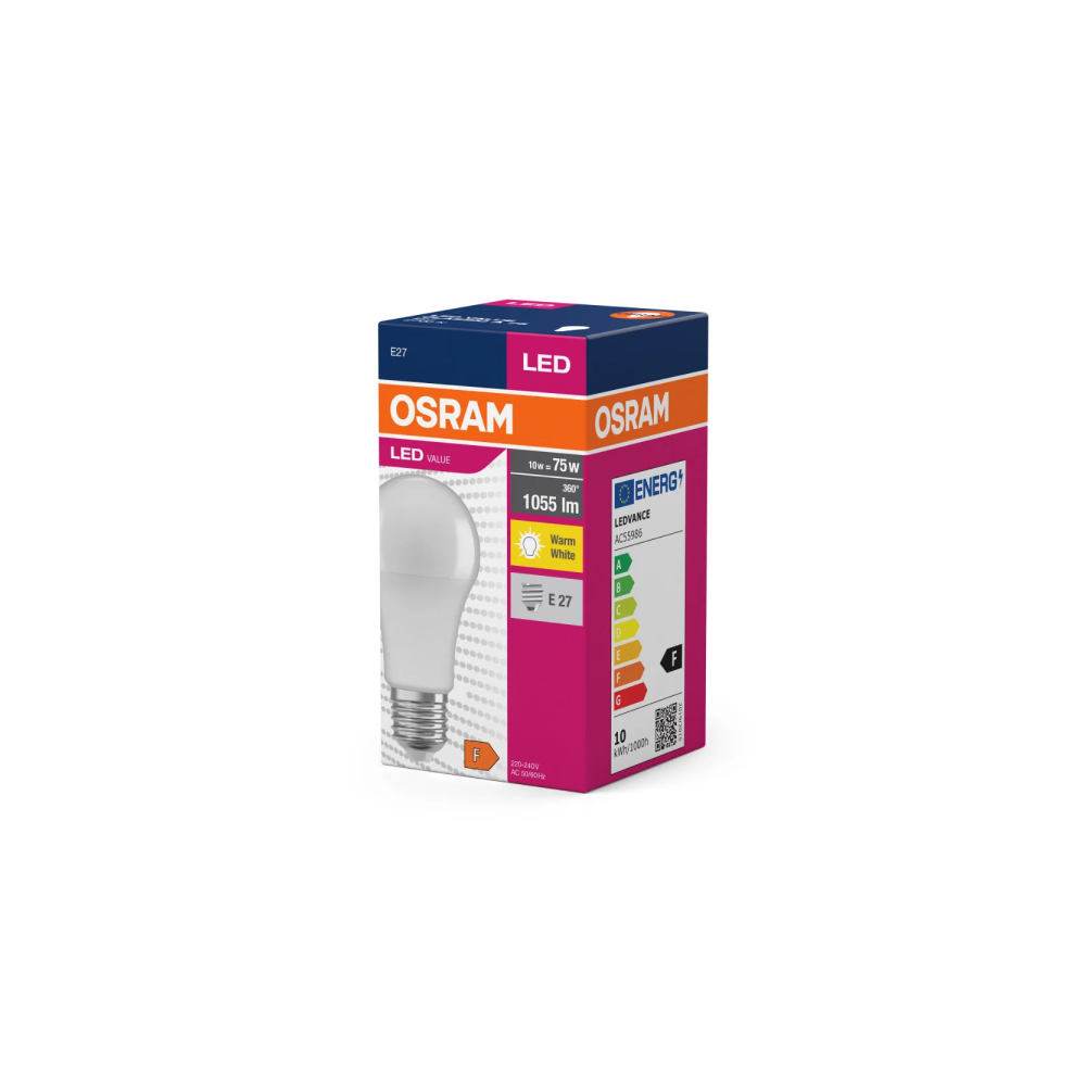 Osram LED Value Classic A 75 10W/827 E27 FR non-dim spuldze (matēta)