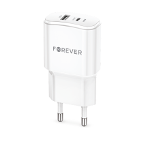 Forever TC-01-20AC PD QC lādētājs 20W ar USB-C un USB, balts