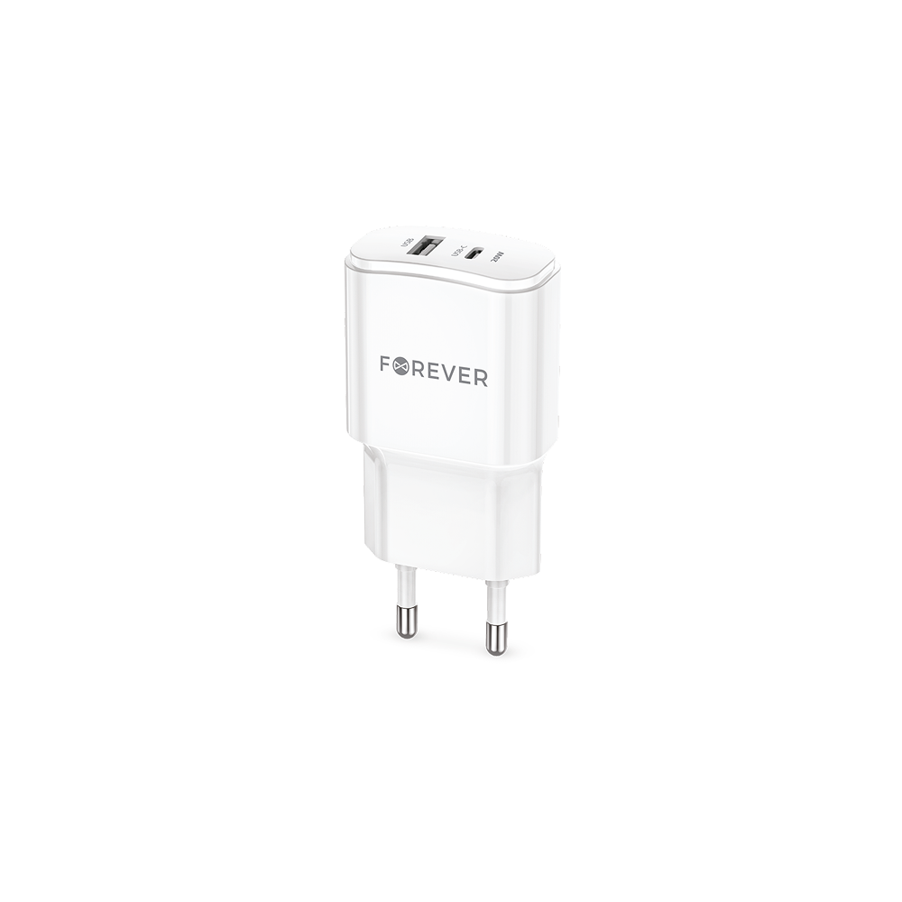 Forever TC-01-20AC PD QC lādētājs 20W ar USB-C un USB, balts