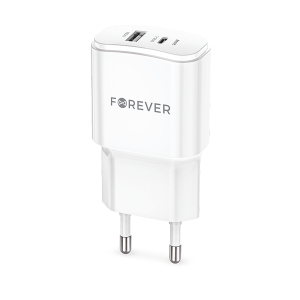Forever TC-01-20AC PD QC lādētājs 20W ar USB-C un USB, balts