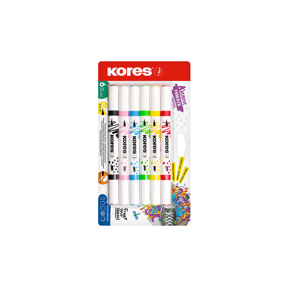 KORES Kreative Dou-Tip Acrylic Markers, 6 pcs, blister pack