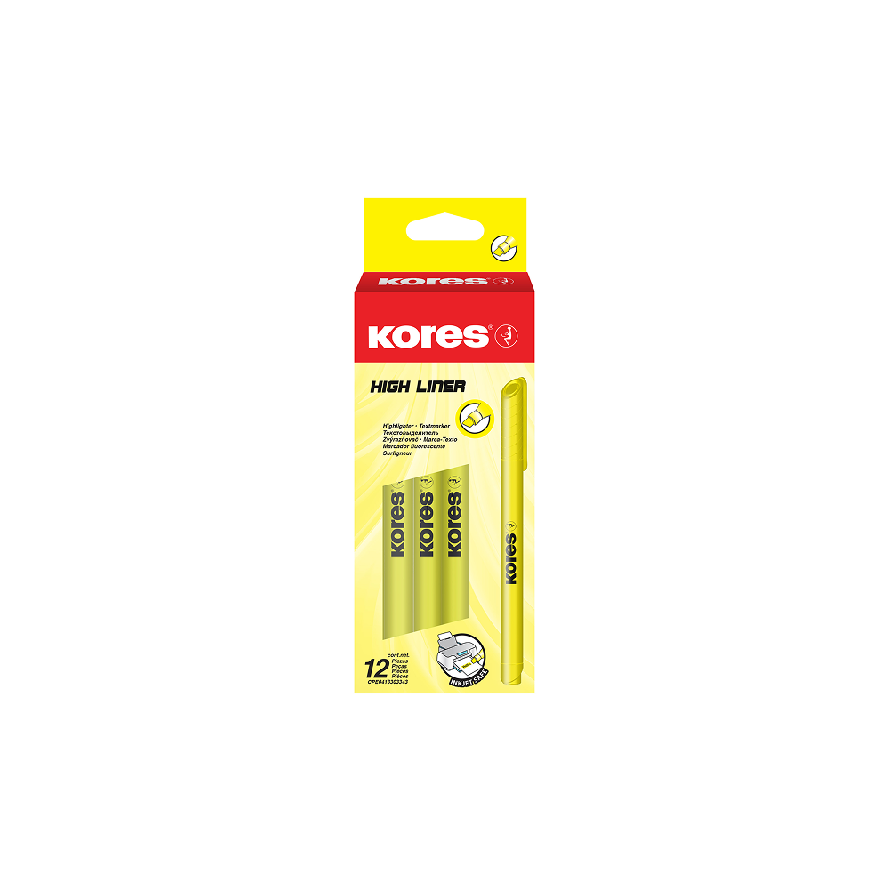 12 pcs. KORES HIGH LINER Fine Highlighters, 0.5–3.5 mm, Yellow