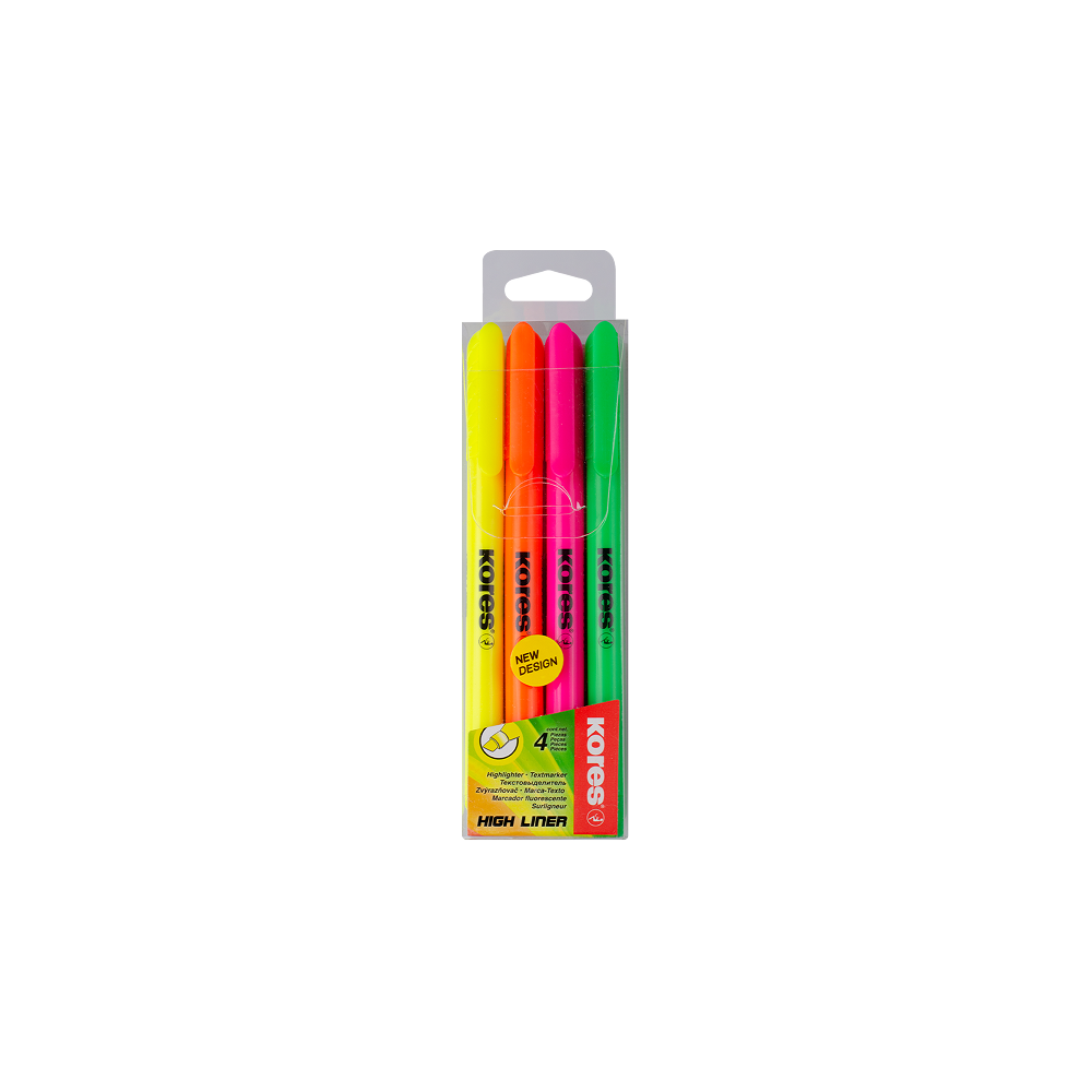 KORES HIGH LINER Fine Highlighters, 0.5–3.5 mm, 4 pcs (Yellow, Pink, Orange, Green), Plastic Case