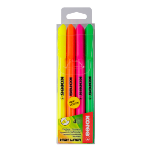 KORES HIGH LINER Fine Highlighters, 0.5–3.5 mm, 4 pcs (Yellow, Pink, Orange, Green), Plastic Case