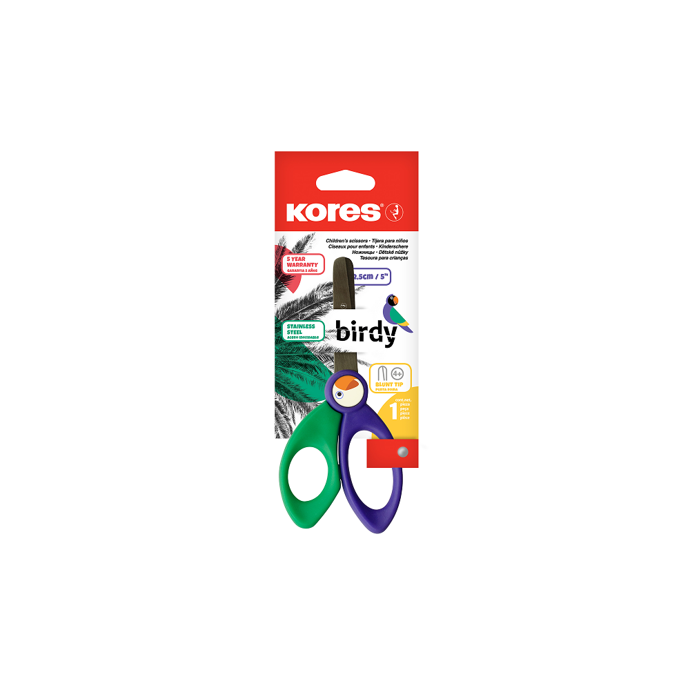 KORES BIRDY Kids' Scissors, 12.5 cm, Rounded Tips, Assorted Colours