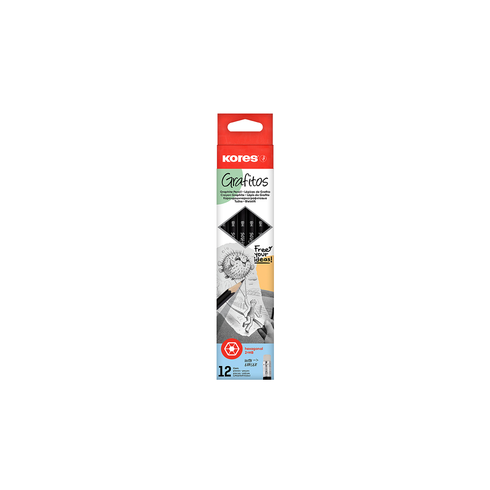 KORES GRAFITOS Matte HB Hexagonal Pencils with Eraser, black, 12 pcs