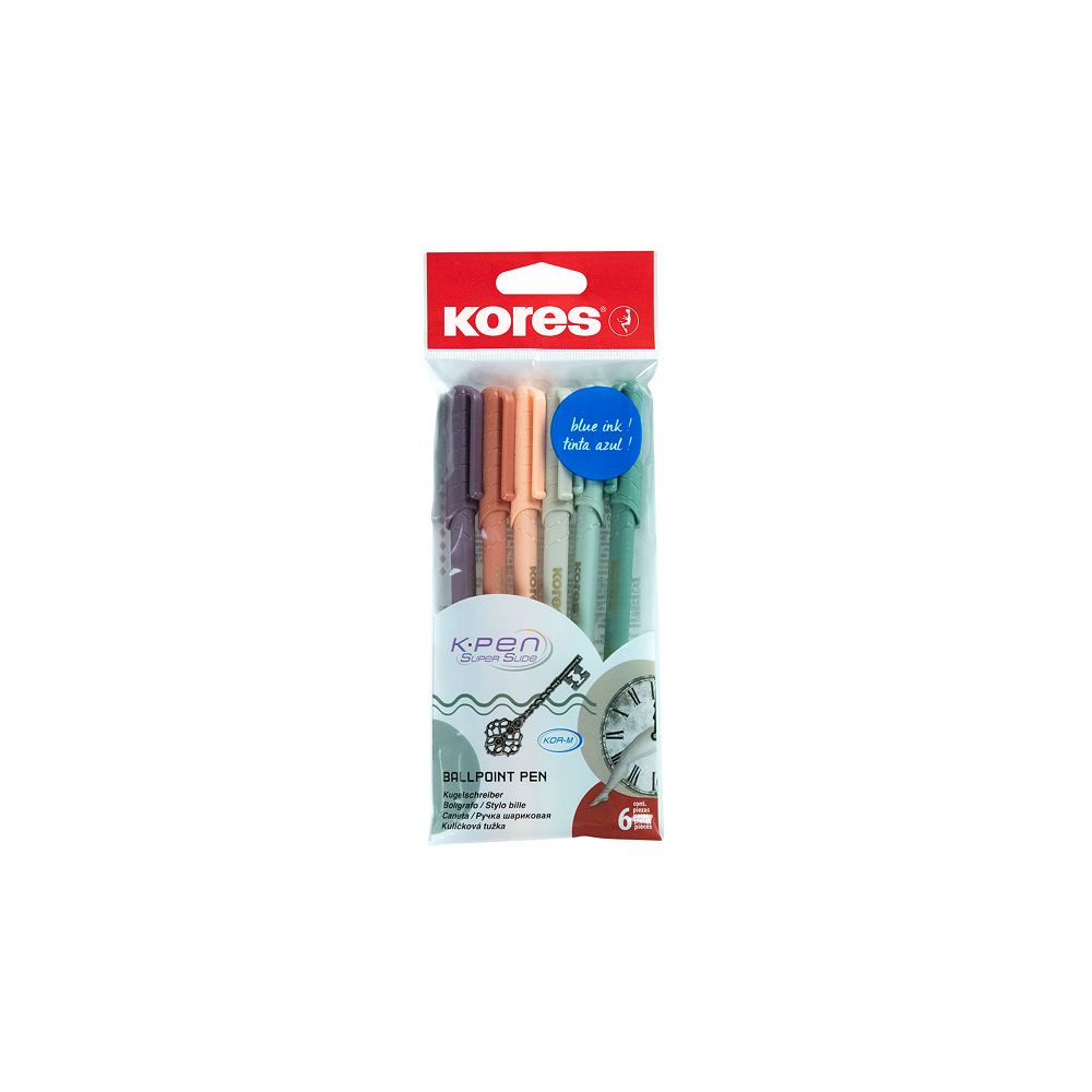 KORES KOR-M Vintage Style 1.0 mm Triangular Ballpoint Pens, Blue Ink, Assorted Rubberized Barrels, 6 pcs