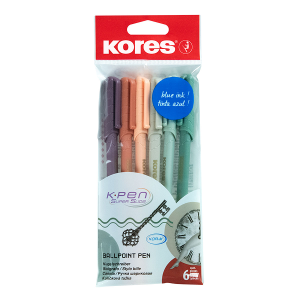 KORES KOR-M Vintage Style 1.0 mm Triangular Ballpoint Pens, Blue Ink, Assorted Rubberized Barrels, 6 pcs
