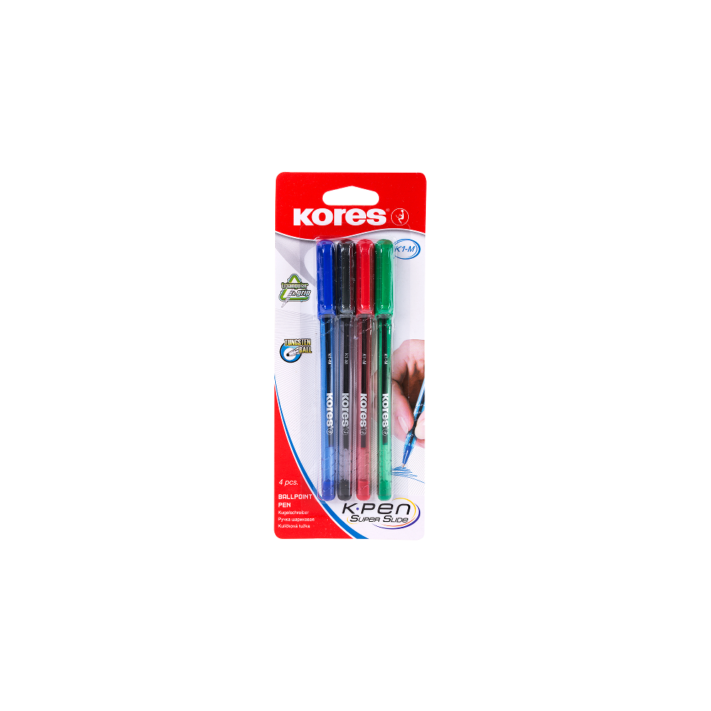 KORES K1-M 1.0 mm Triangular Ballpoint Pens (Blue, Black, Red & Green Ink), 4 pcs