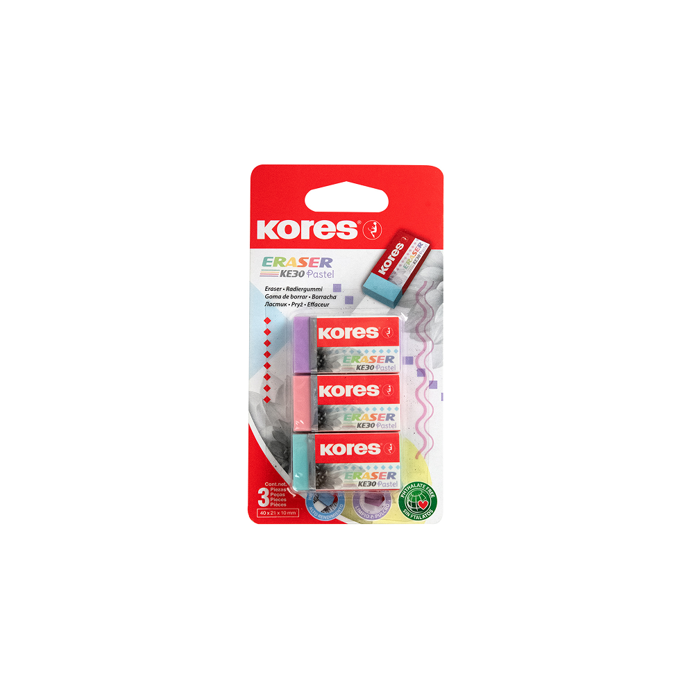 KORES KE-30 Erasers, 40 × 21 × 10 mm, 3 pcs